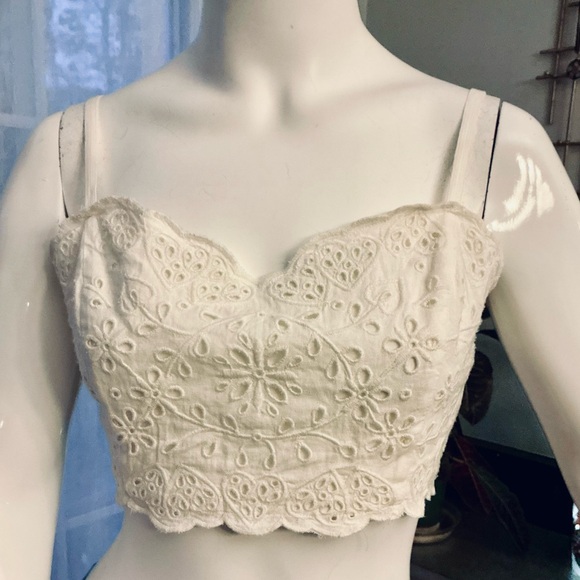 Madewell Ivory Lacey Eyelet Linen Blend Beachy Cropped Tank Top Woman Size 2 - Picture 8 of 11
